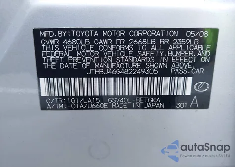 2008 Lexus Es 350 z USA, uszkodzony, nr VIN JTHBJ46G482249305